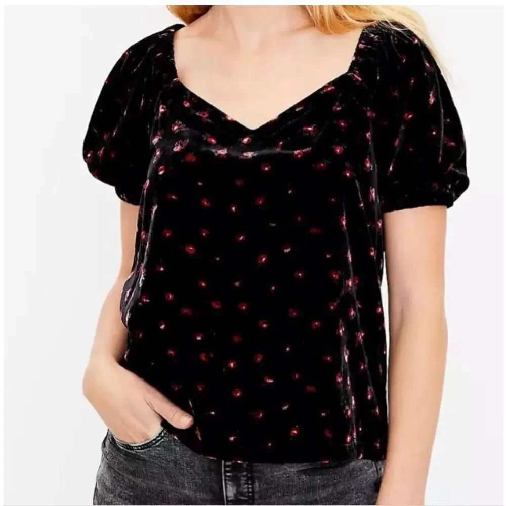 Loft Women’s Floral Velvet Puff Sleeve Top blouse red/black size MP
